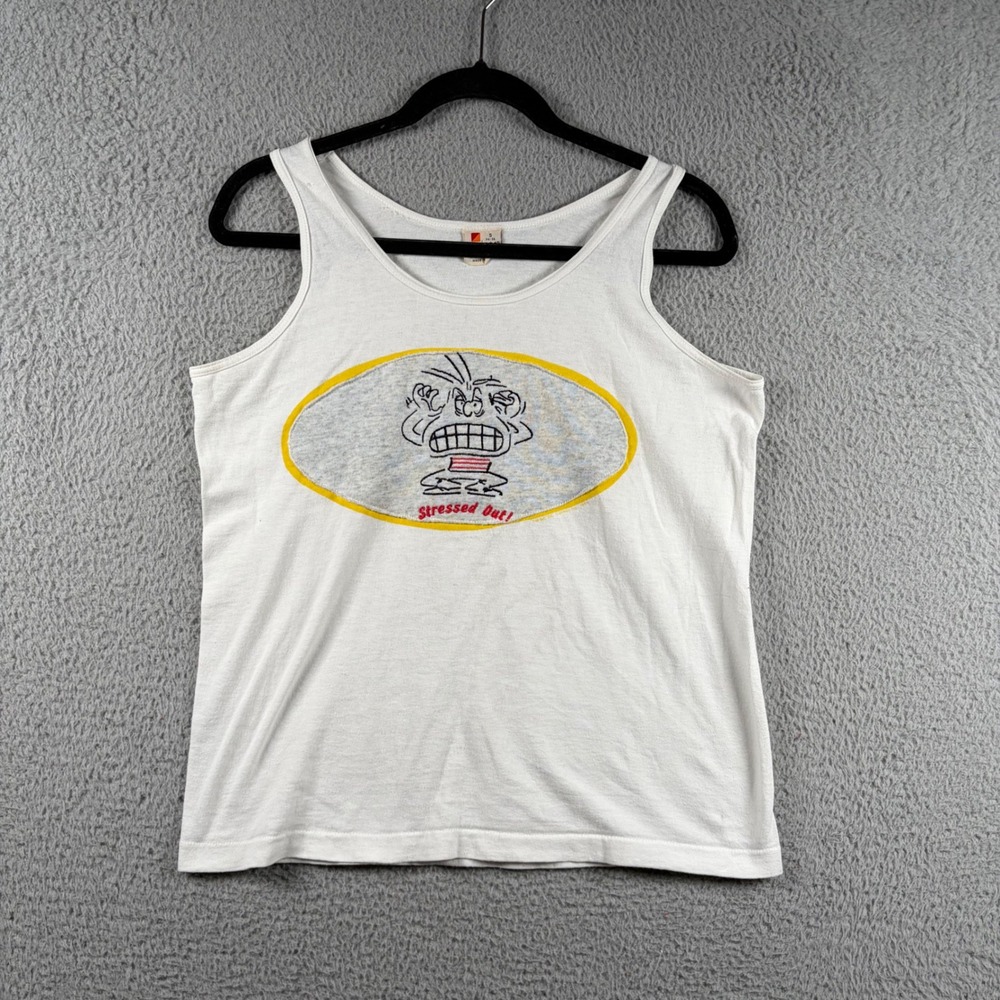 Vintage Signal Mega-Tee Stressed Out Graphic Tank Top White Mens Small USA Retro